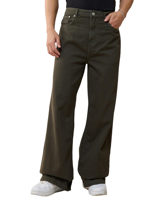 Bewakoof Mens Solid Wide Leg Pure Cotton Jeans_624690_Green_34