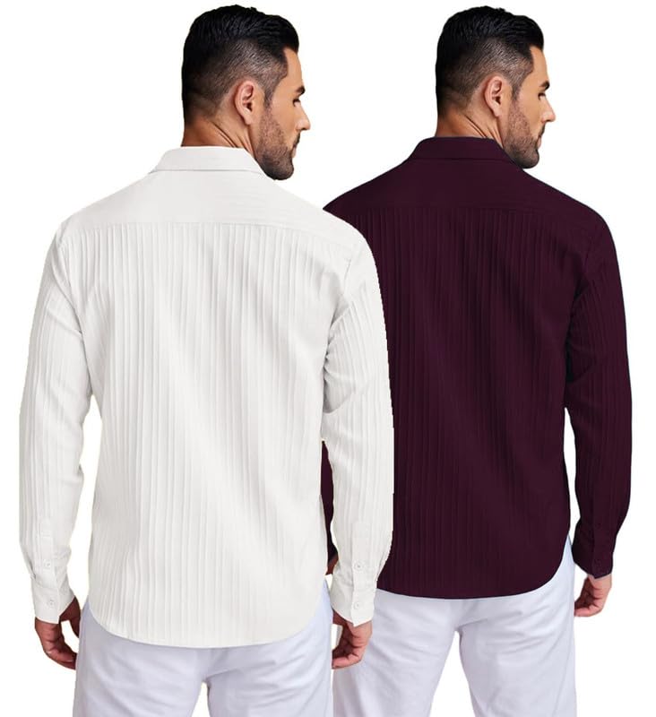 Deelmo Combo Of MenS Casual Button Down Shirts Long Sleeve Linen Shirt Fashion Textured Summer Shirts Pack Of 2 White - Purple