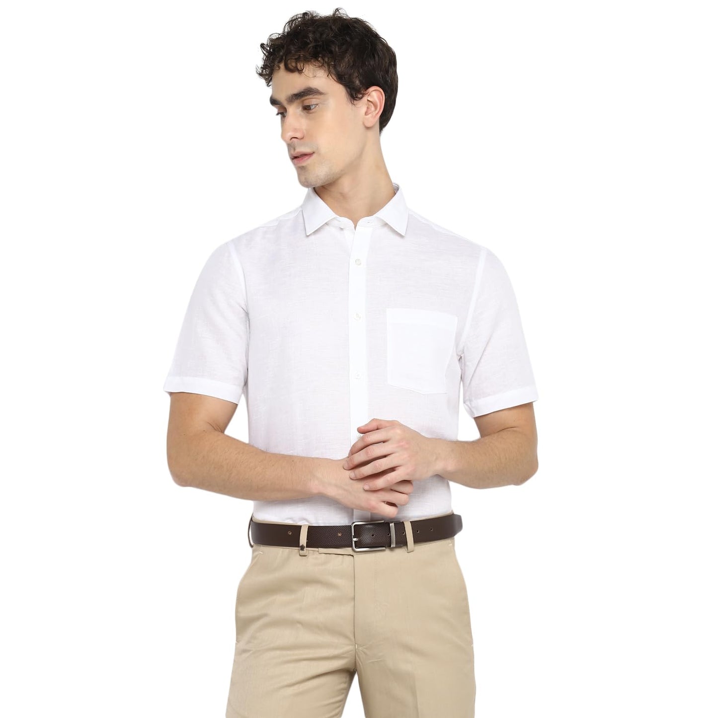 Turtle Men Cotton Linen Regular Fit Solid Half Sleeve Formal Shirt White