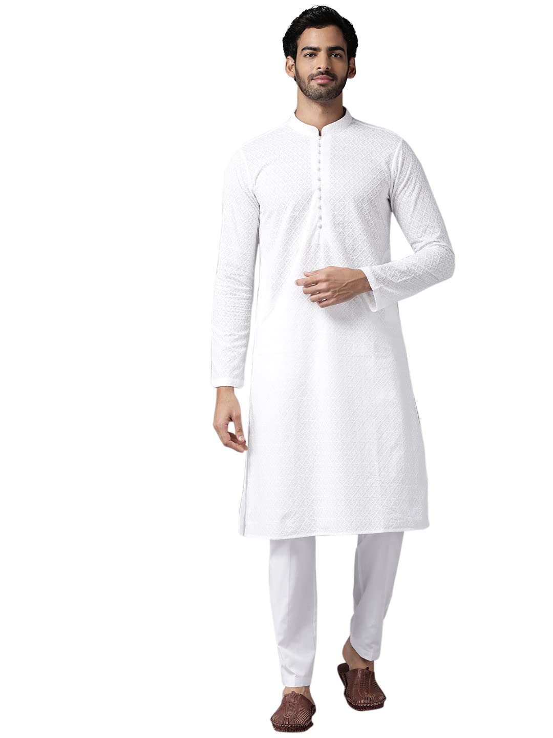 See Designs Mens Kurta | Specially Crafted And Designed For The Eid Festival White Cotton Embroidered Kurta Mandarin Collar Long