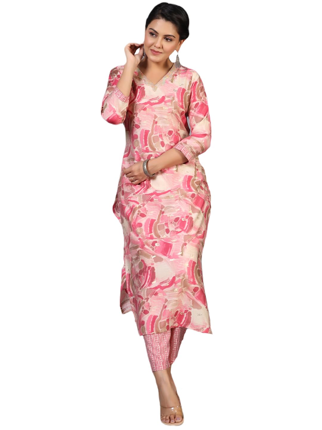 ANNI DESIGNER Women s Rayon Blend Kurta and Pants, Pink, L