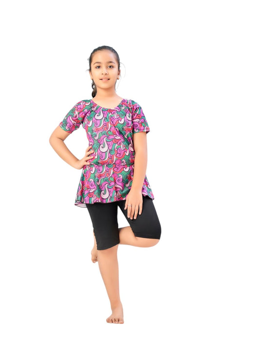 Aarika Girls Sports Wear Purple-Black Colour Abstract Print Nylon Swim Suit (5-15 Years)-(SW-SHM-CA-1118)