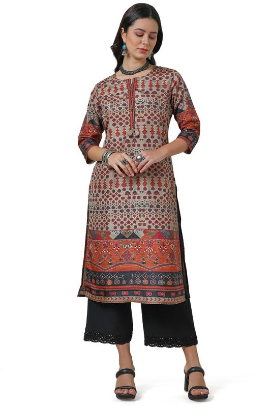 Soch Womens Beige Silk Blend Ethnic Motifs Kurta with Tassels