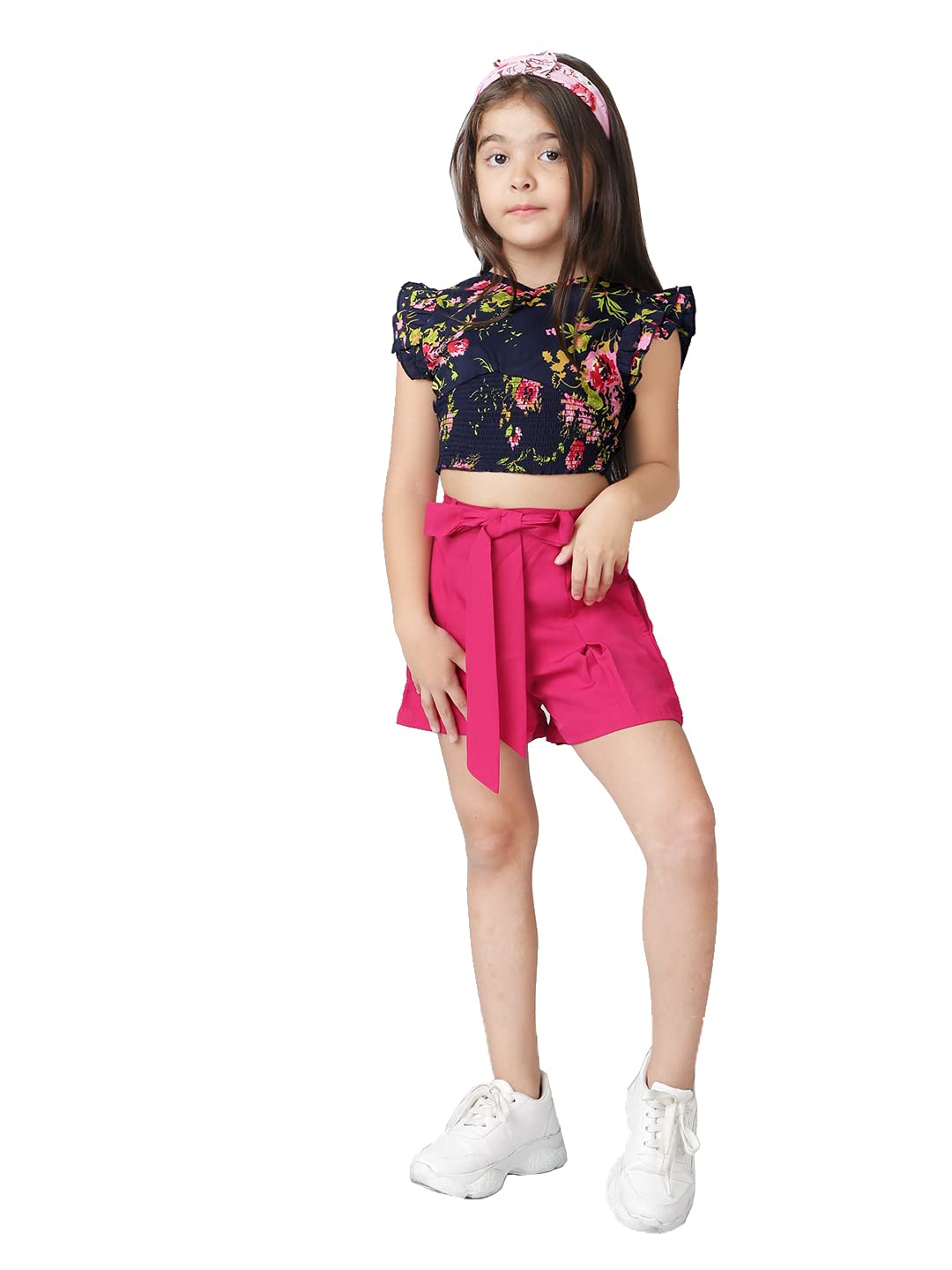 Naughty Ninos Girls Navy Blue Floral Printed Top With Maroon Shorts(Nn00681Drs_Navy Blue_14-15 Years)