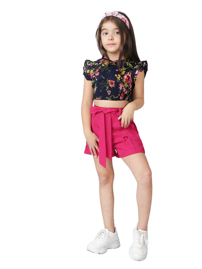 Naughty Ninos Girls Navy Blue Floral Printed Top With Maroon Shorts(Nn00681Drs_Navy Blue_14-15 Years)