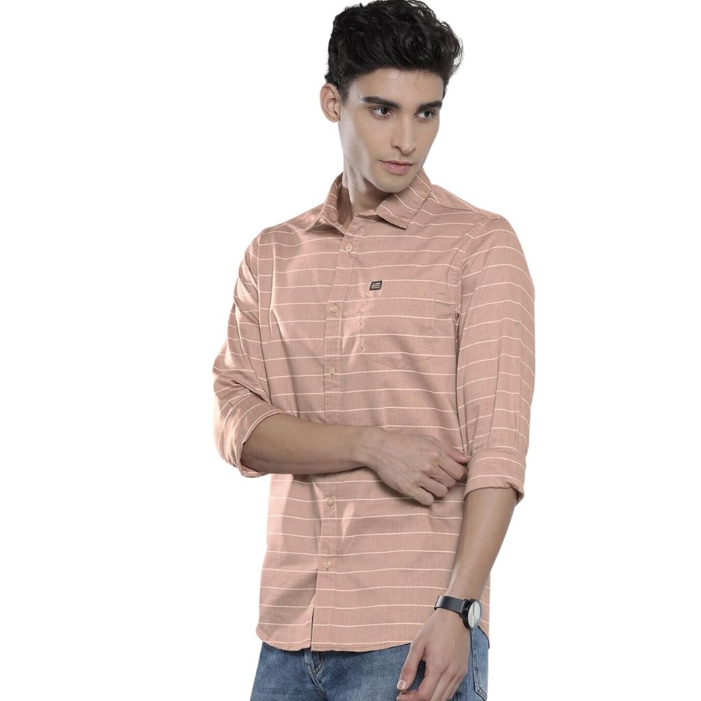 The Indian Garage Co Men Orange Striped Slim Fit Cotton Casual Shirt