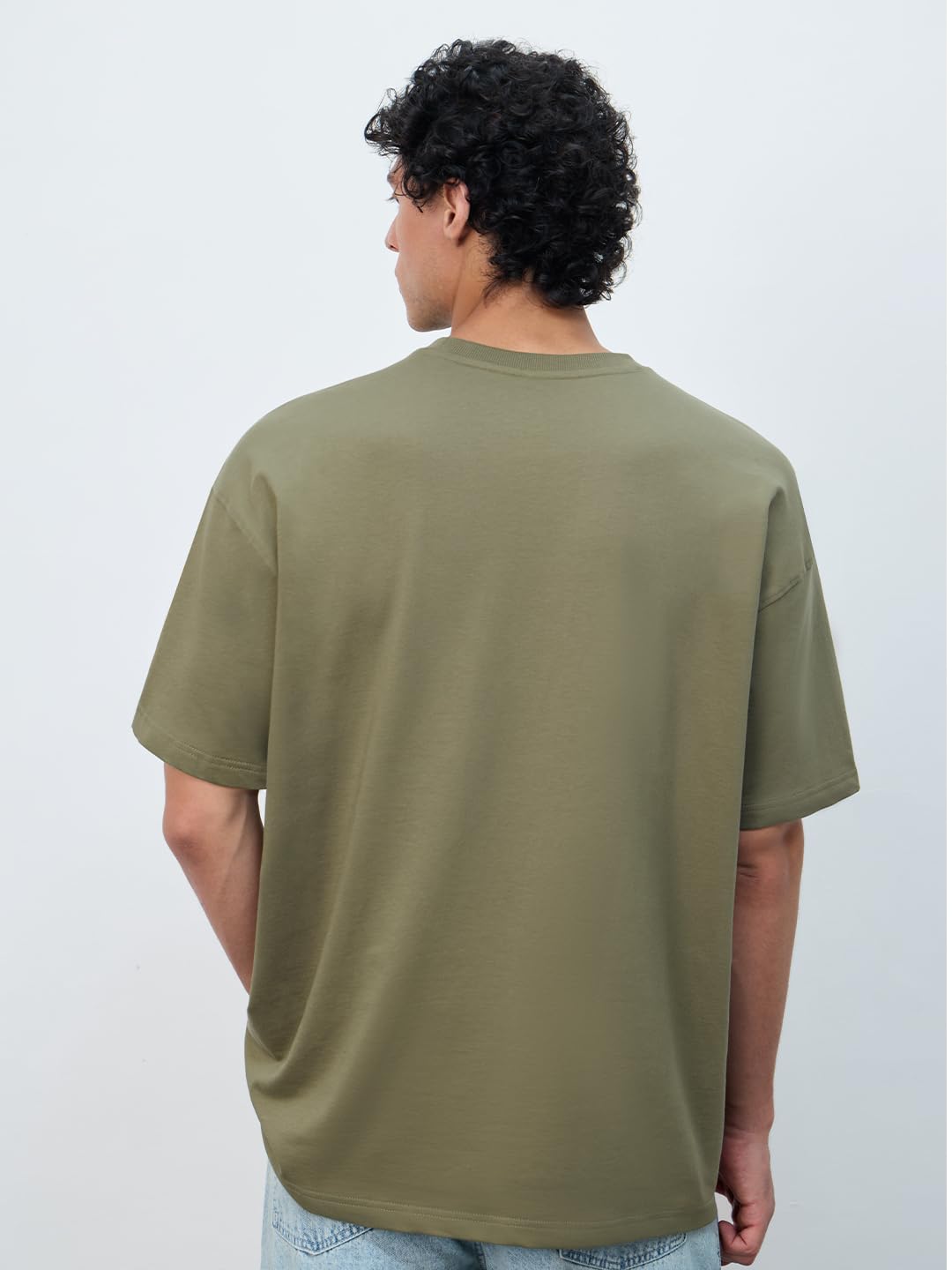 The Souled Store Oversized T-Shirt: Stamp Men and Boys Short Sleeves Round Neck Olive Graphic Printed Cotton Oversized T-Shirts