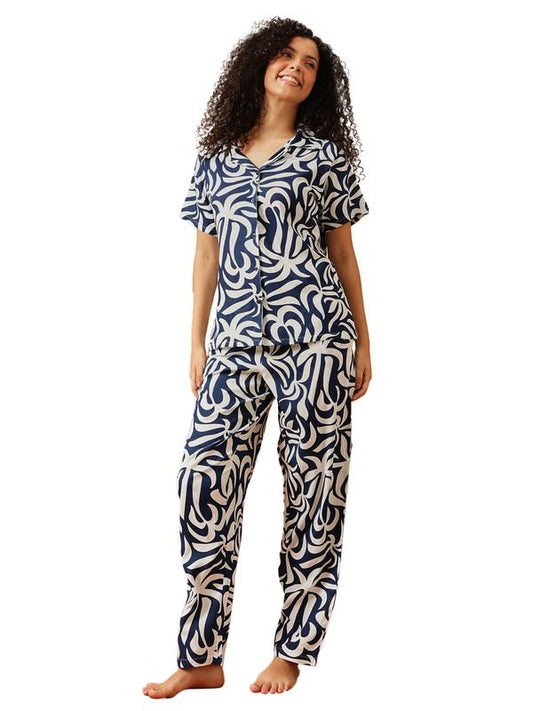 Clovia WomenS Rayon Shirt & Pyjama Set (Ls0636T08_Navy Blue_3Xl)