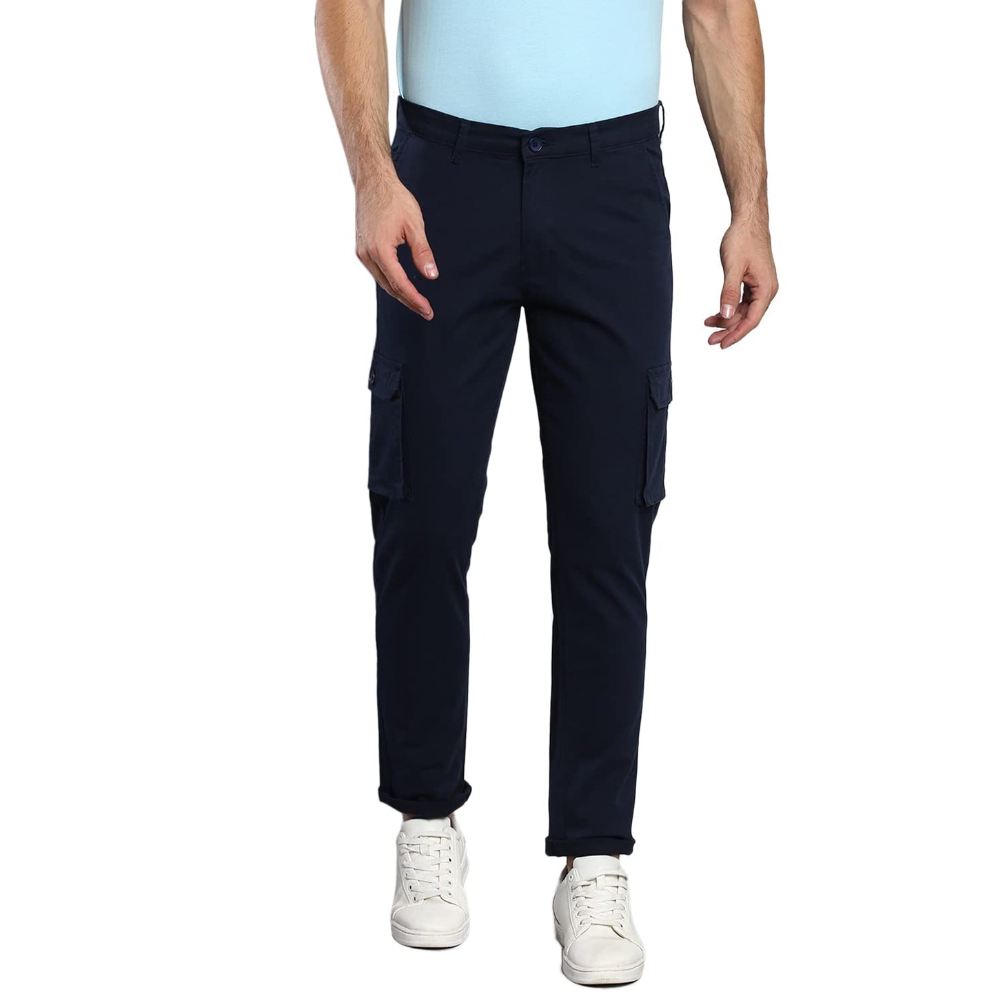 Dennis Lingo Mens Casual Solid Cotton Tapered Fit Mid Rise Ankle Length Multi-Pocket Stretchable Cargo Pant/Trousers (Dark Blue