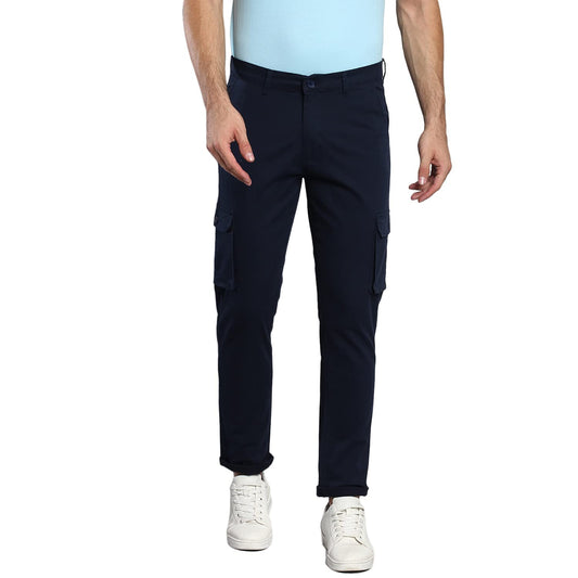 Dennis Lingo Mens Casual Solid Cotton Tapered Fit Mid Rise Ankle Length Multi-Pocket Stretchable Cargo Pant/Trousers (Dark Blue