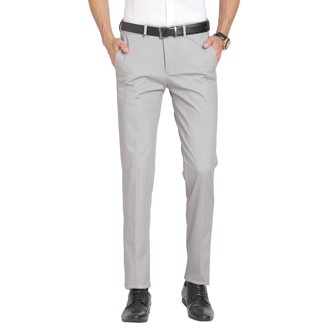 Turtle Men Cotton Stretch Slim Fit Flat Front Grey Solid Formal Trouser