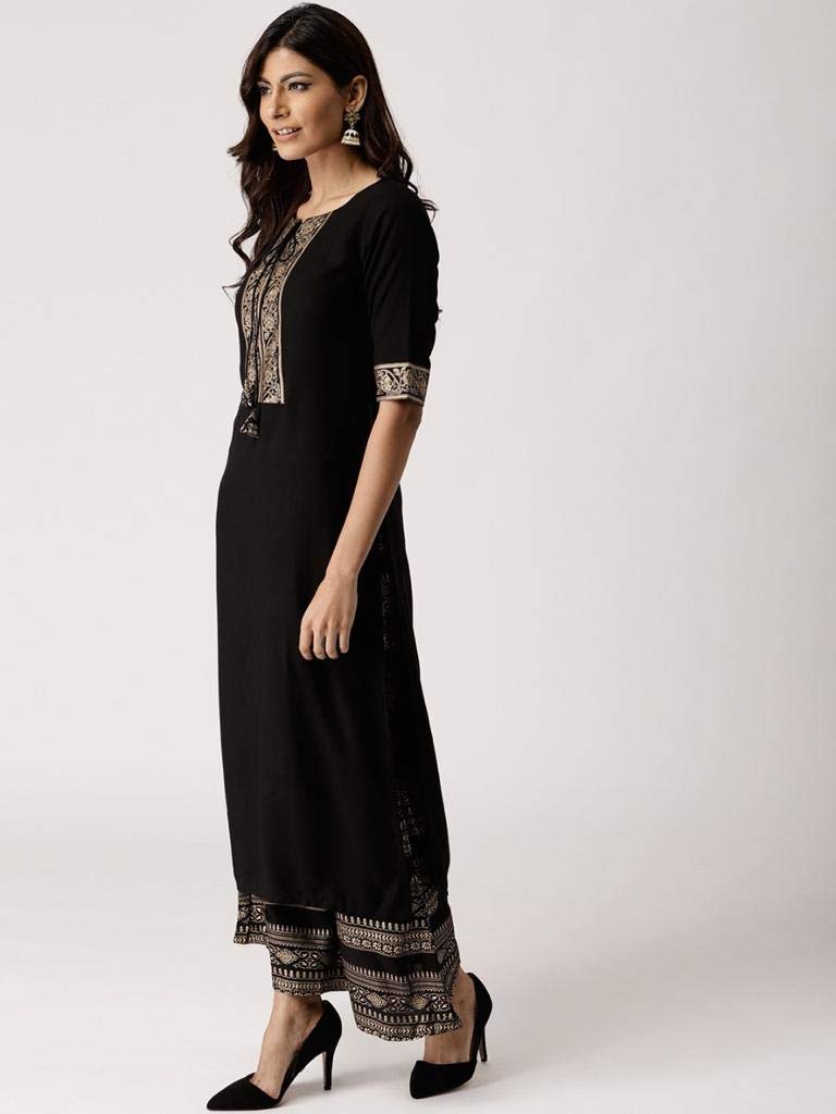 GoSriKi Women's Rayon Solid Printed Kurta with Palazzos (Black)