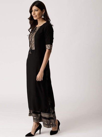 GoSriKi Women's Rayon Solid Printed Kurta with Palazzos (Black)