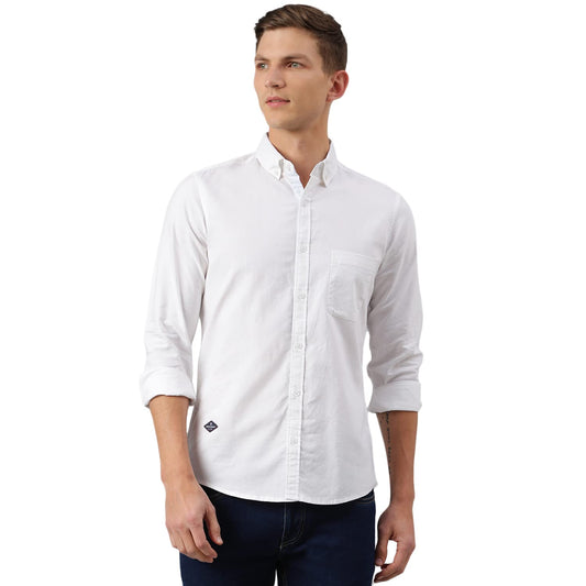 Thomas Scott Mens Solid Slim Fit 100% Cotton Casual Shirt with Button Down Collar and Full Sleeve White
