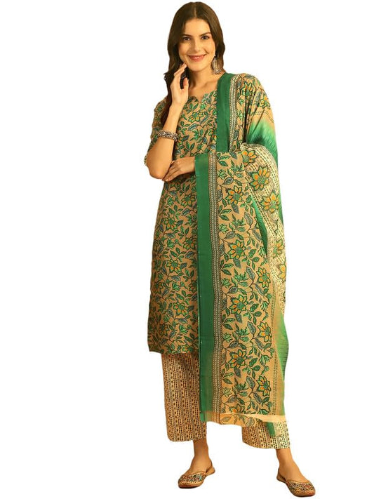 Pinkmint Salwar Suit Set for Women Cotton Leaf Printed Long Knee Length Straight Kurta Set (Pack of 1)