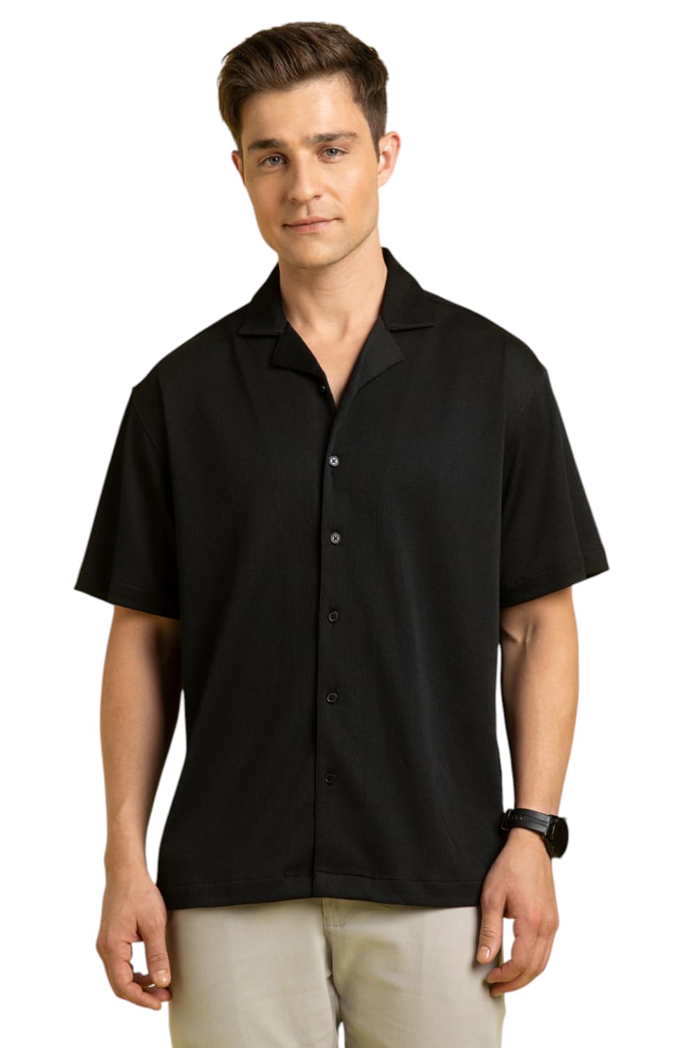 Dennis Lingo Men Polyester Relaxed Fit Textured Shirts Black