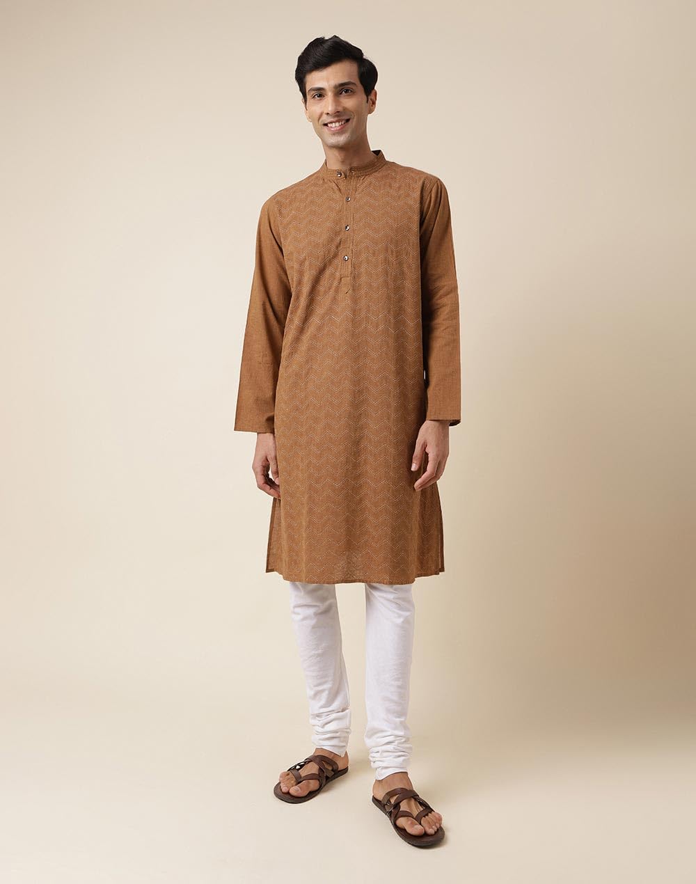 Fabindia Men's Cotton Embroidered Relaxed Kurta (1028147BROWN_Brown
