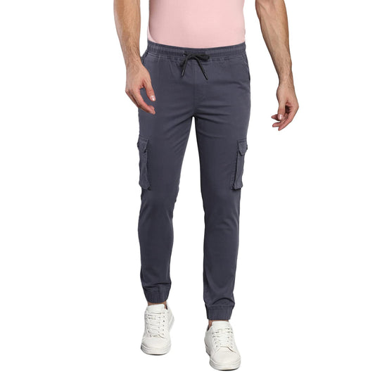 Dennis Lingo Mens Solid Cotton Casual Mid Rise Ankle Length Multi-Pocket Tapered Fit Stretchable Cargo Pant/Trousers (Steel Gre