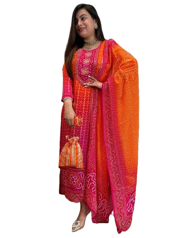 Gosriki WomenS Rayon Viscose Straight Bandhej Printed Kurta With Pant & Dupatta (Shriha Multi-Gs_L_Multicolor_Large)