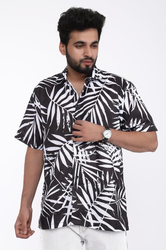 Brown Culture MenS Cotton Blend Leaf Print Shirt With Spread Collared Half Sleeves Standard Length And Button Down Closure Type