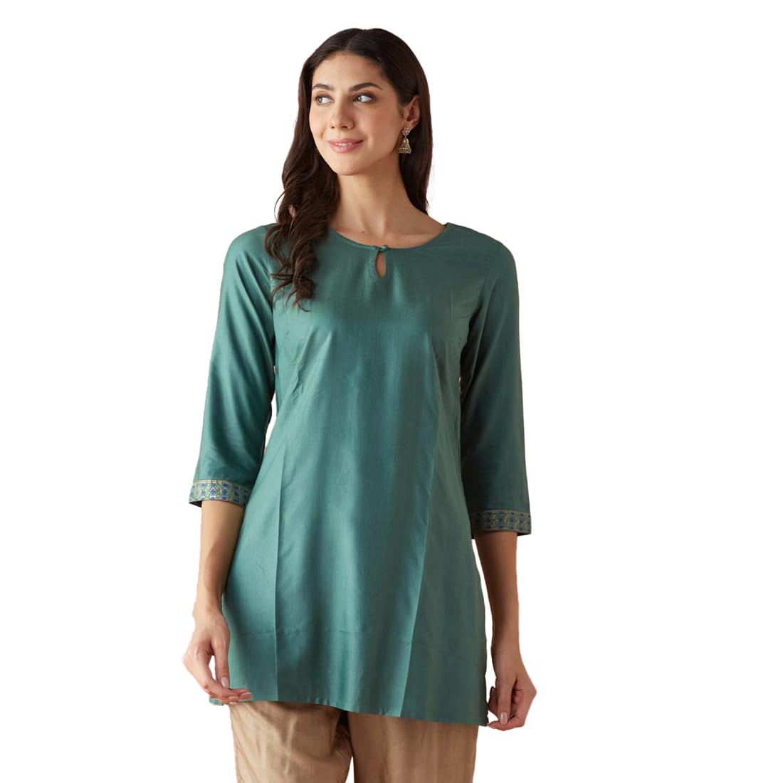 Fabindia WomenS Viscose Silk Solid Slim Fit Kurta (1038239Turquoise_Turquoise