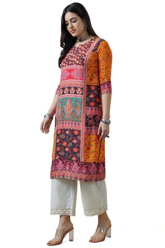 Soch Womens Mustard Viscose Muslin Ethnic Motifs Kurta With Sequins