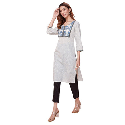 Fabindia WomenS Cotton Printed Regular Kurta (1037320Natural- Off White-Blue