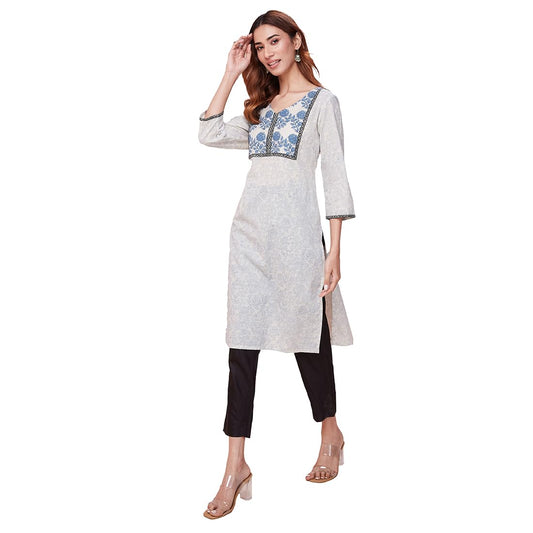 Fabindia WomenS Cotton Printed Regular Kurta (1037320Natural- Off White-Blue