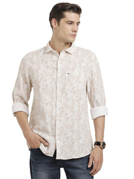 Turtle Men 100% Cotton Slim Fit Beige Printed Casual Shirt