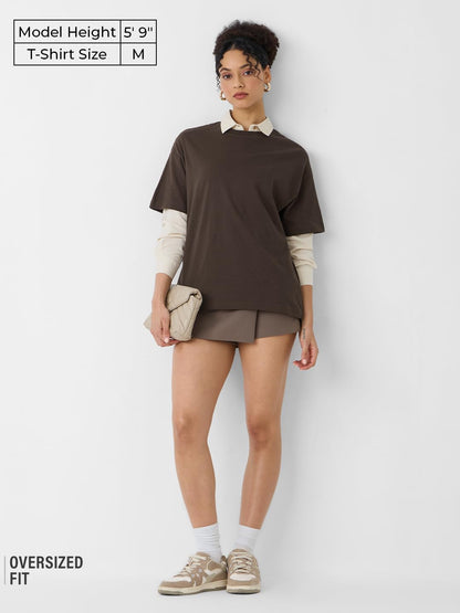 The Souled Store Solids: 100% Cotton Deep Brown Women & Girls Short Sleeve Round Crew Neck Oversized T-Shirts
