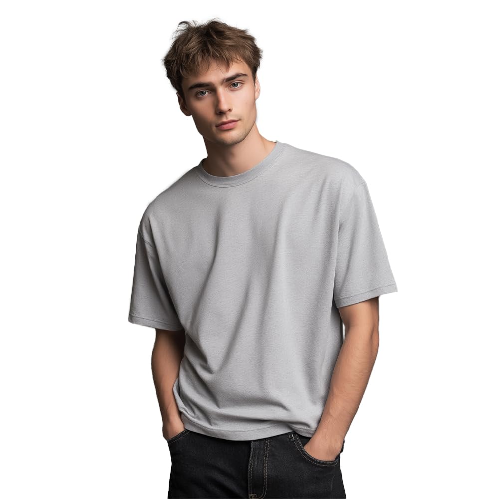 Nobero MenS Solid Oversized Fit T-Shirt (1M-Twts-R0039_Grey Melange