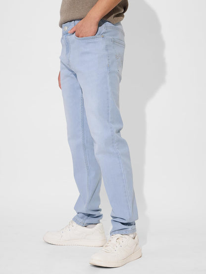 The Souled Store DenimOriginals: Light Wash Blue Men and Boys Buttoned Solid Cotton Blend Slim Fit Jeans