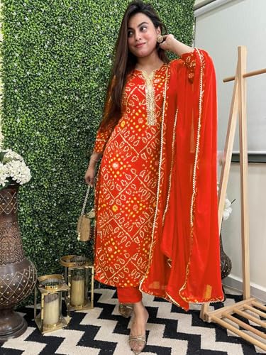 GoSriKi Printed Viscose Rayon Kurta with Trousers & Dupatta, Medium, Orange, Model TURAE-RED-G8S