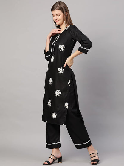 ANNI DESIGNER Women's Cotton Blend Straight Kurta with Palazzo & Dupatta (Saadgi)