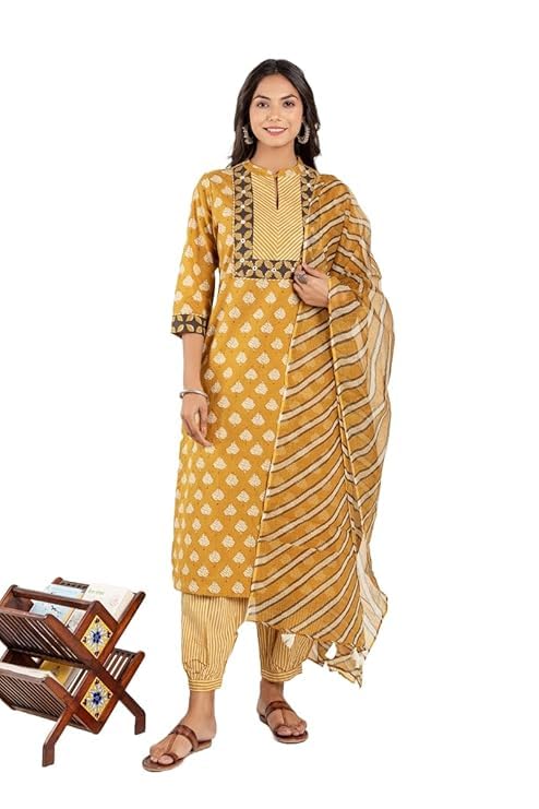Yashika Women's Floral Printed Cotton Blend Straight Kurta Afghani Pant Dupatta Set-Ethnic Elegance Embodied | Perfect Fusion of Tradition and Style