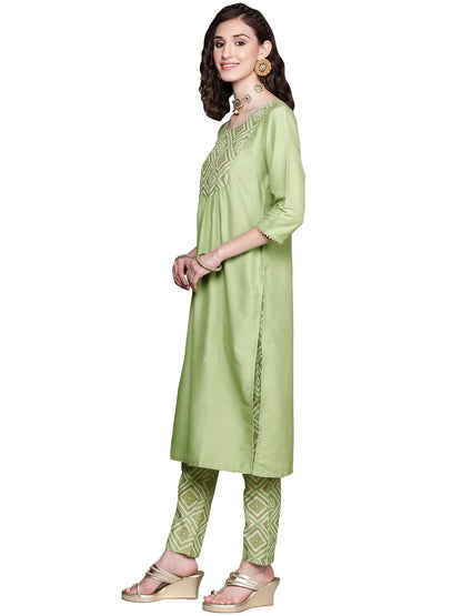 Ziyaa Women's Paroot Green Chinon Straight Kurta And Pant Set(ZIKUCH3792ANDPA)