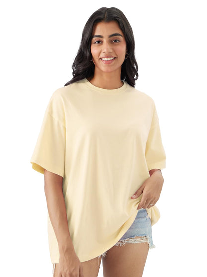 The Souled Store Solids: Off-White Women and Girls Short Sleeve Round Neck Cotton Oversized T-Shirts