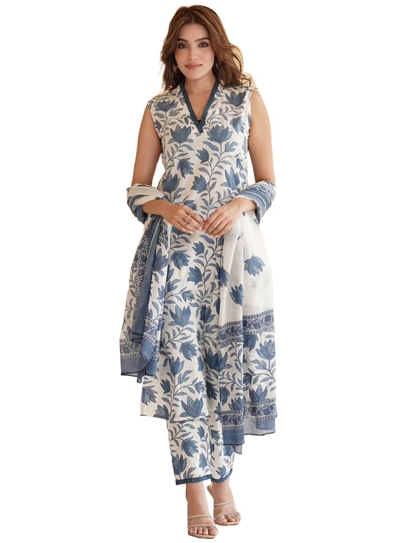 ANNI DESIGNER Womens Cotton Blend Printed Straight Kurta with Pant & Dupatta (Root White_M_White_Medium)