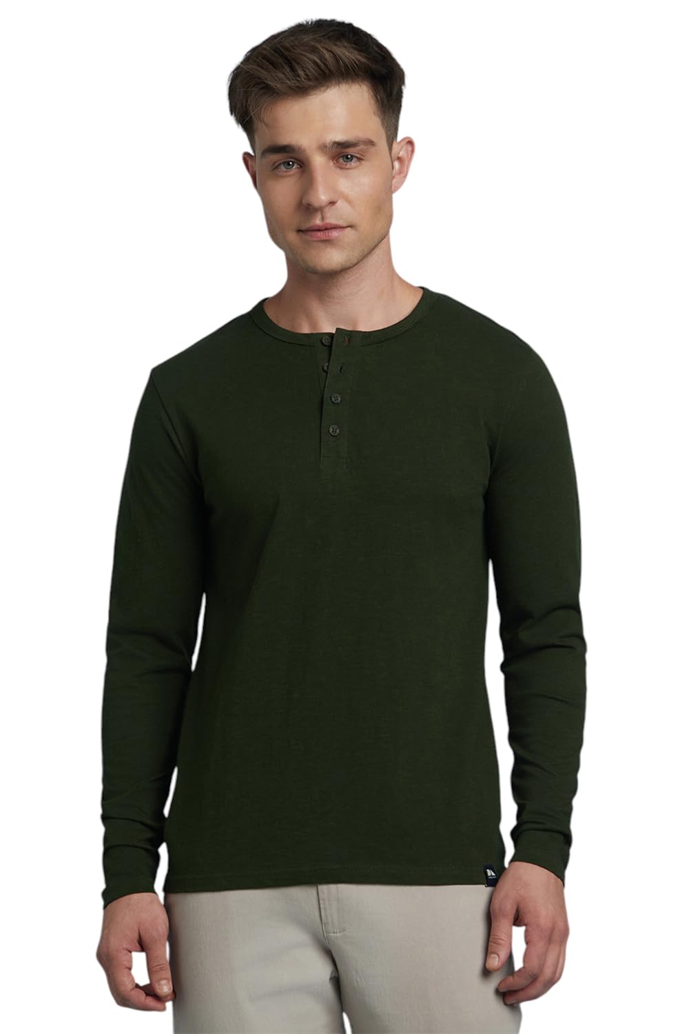 Dennis Lingo Men Solid Cotton Slub Regular Fit Full Sleeves Round Neck T Shirts Olive