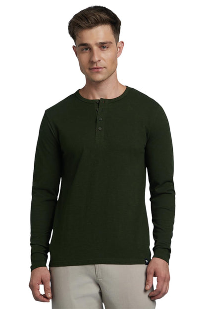 Dennis Lingo Men Solid Cotton Slub Regular Fit Full Sleeves Round Neck T Shirts Olive