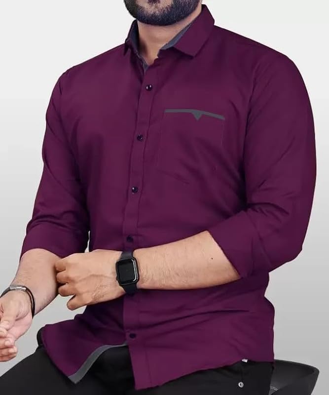 Tee Projekt Mens Regular Fit Solid Soft Touch Cotton Casual Shirt with Pocket Design with Spread Collar & Full Sleeves. Purple