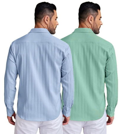 Deelmo Combo Of MenS Casual Button Down Shirts Long Sleeve Linen Shirt Fashion Textured Summer Shirts Pack Of 2