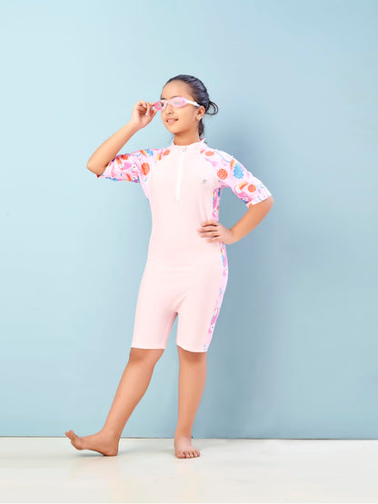 Aarika Girls Sports Wear Pink Colour Floral Print Nylon Swim Suit (4-15 Years)-(SW-SHM-AB-617)