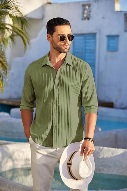 CB-COLEBROOK Mens Casual Button Down Shirts Long Sleeve Linen Shirt Fashion Textured Beach Summer Shirt (in, Alpha, XL, Regular