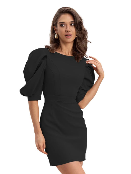 Addyvero Black Backless Puff-Sleeve Above Knee Party Dress