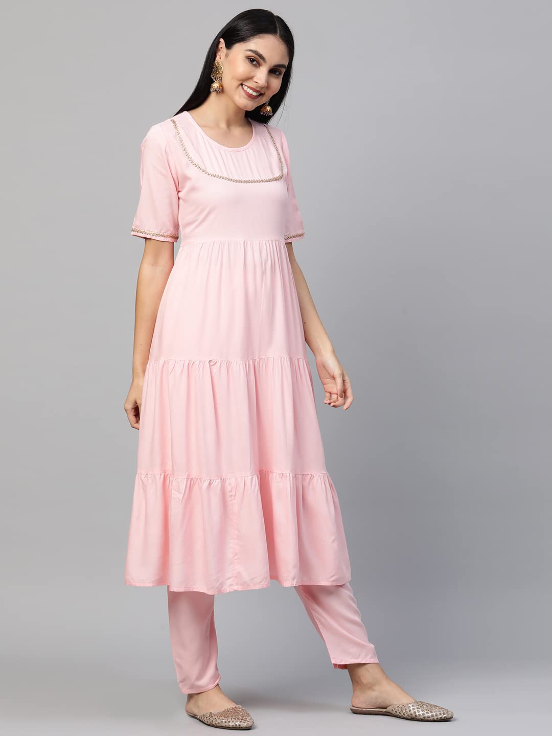 ANNI DESIGNER Women's Cotton Anarkali Kurta with Pant (KRUSHA Pink)