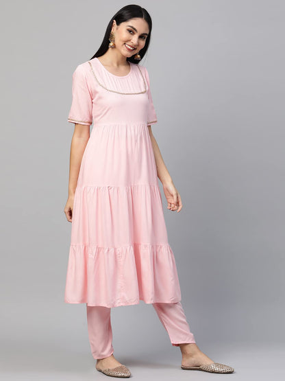 ANNI DESIGNER Women's Cotton Anarkali Kurta with Pant (KRUSHA Pink)