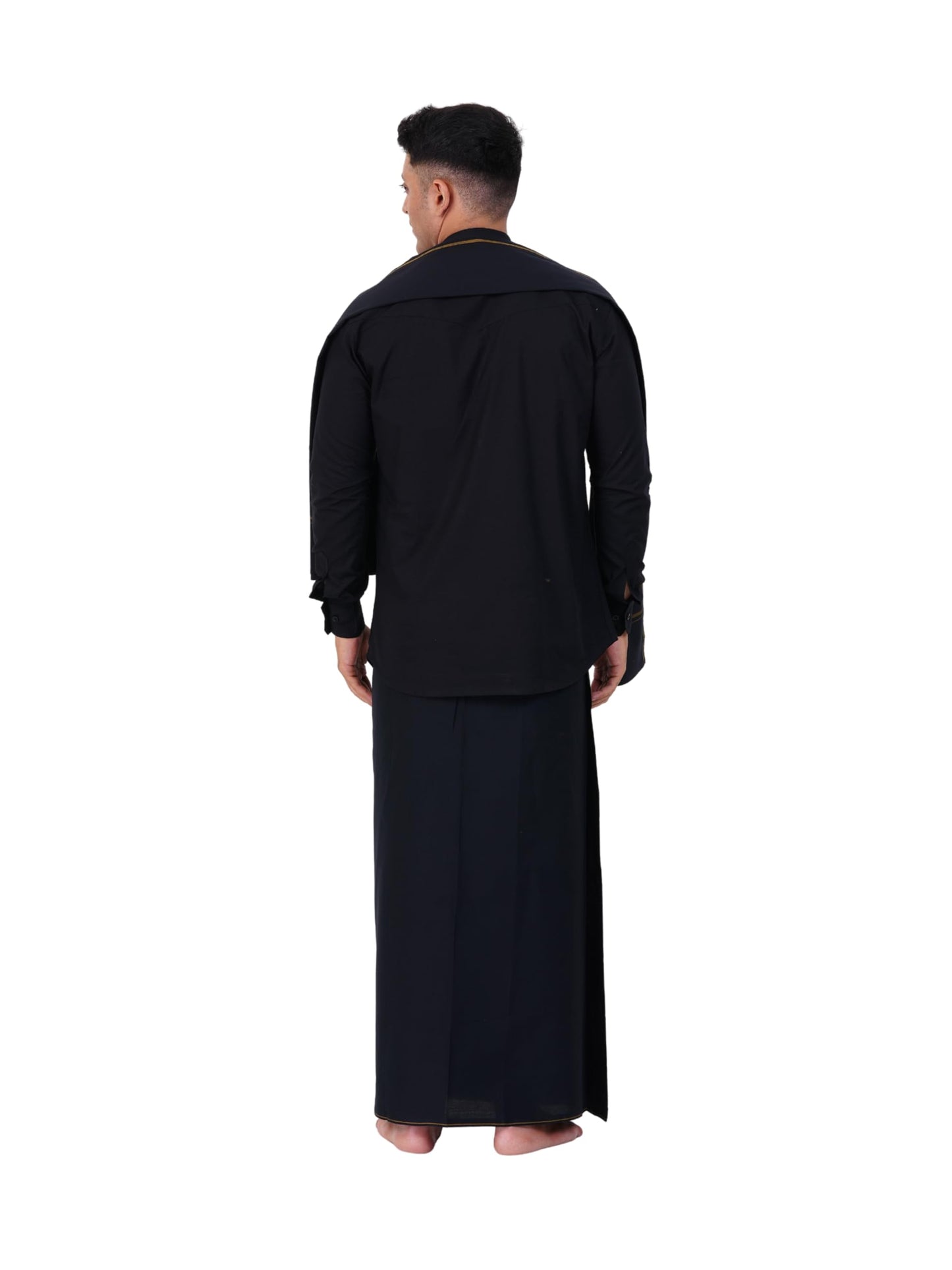 PRAKASAM COTTON Mens Single Small (Roja) Border (1.28x2.00 mtrs) Black Dhoti + Readymade Full Sleeve Mandarin Collar Black Shirt
