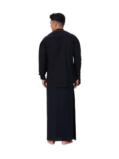 PRAKASAM COTTON Mens Single Small (Roja) Border (1.28x2.00 mtrs) Black Dhoti + Readymade Full Sleeve Mandarin Collar Black Shirt