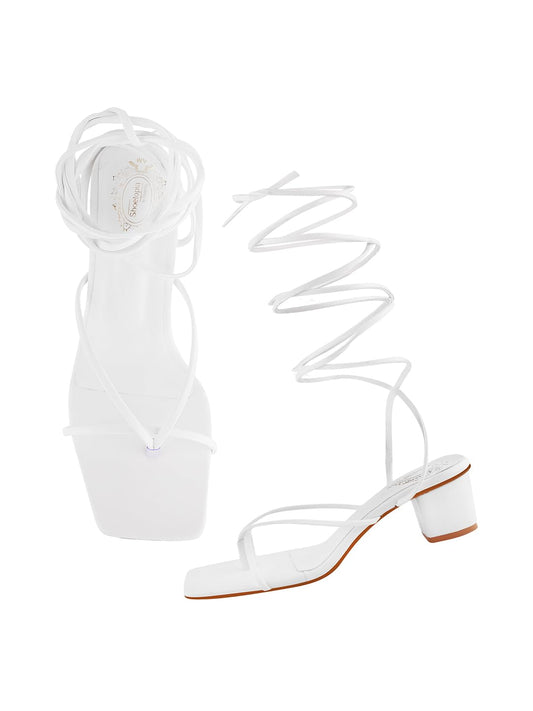 WomenS Strappy Lace-Up Gladiator Heels White Block Heel Sandals Toe Ring Open Toe ||Square Front Dress Stylish & Comfortable Fo